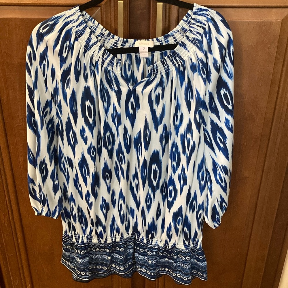 Chico's Blue and White Smocked 3/4 Sleeve Blouse